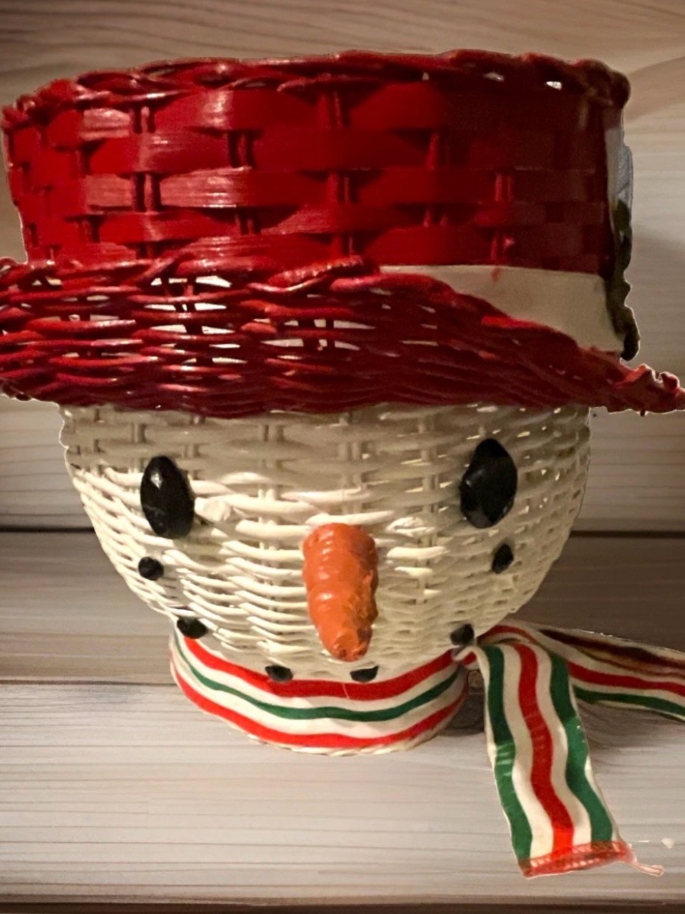Vtg Christmas Wicker Snowman Planter Basket Red Top Hat Holiday Decor Whimsical